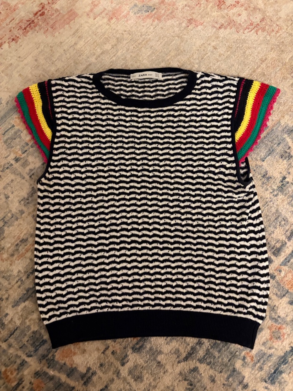 Zara Black & White Wave Knit Top with Colorful Stripe Sleeves